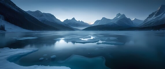 Fototapeta premium A tranquil scene of a frozen lake surrounded by snow covered mountains showcasing the beauty of winter