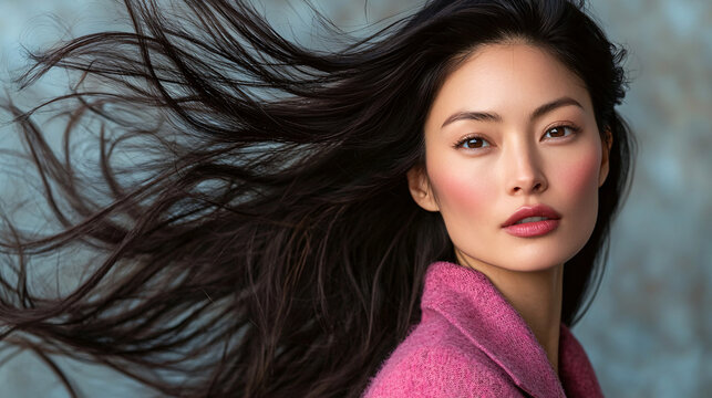 A captivating portrait of a woman with flowing hair and a serene expression, set against a softly textured background.