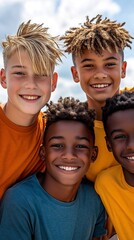 Fototapeta premium Joyful Boys Smiling Brightly Outdoors: Close-Up Photo. AI Generated