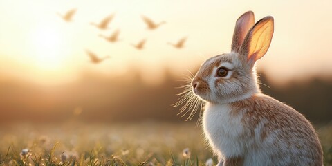 Fototapeta premium Easter bunny and hope concept. Rabbit in a sunlit field with birds in the background.