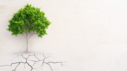 tree growing on cracked earth, green tree on dry ground, survival tree on cracked soil
