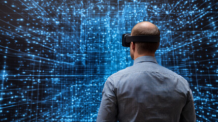 A person wearing a VR headset interacts with a digital environment filled with glowing blue data patterns and grids.