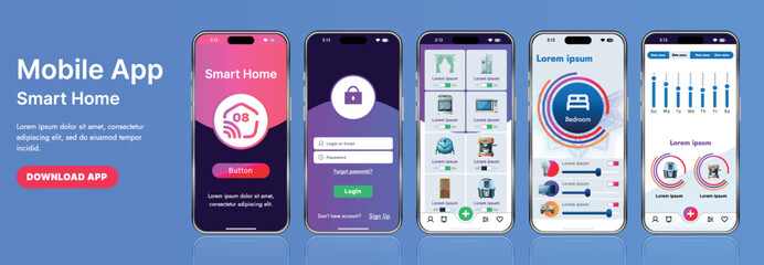 A sleek smart home application interface template featuring modern icons and a gradient design. Includes navigation menus for managing devices, monitoring security, controlling temperature