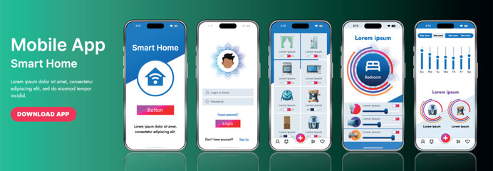 A sleek smart home application interface template featuring modern icons and a gradient design. Includes navigation menus for managing devices, monitoring security, controlling temperature