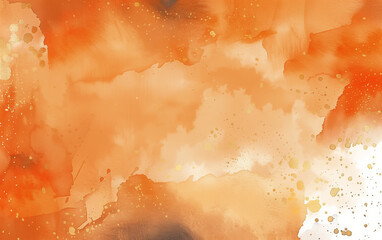 Orange and Abstract Golden Splashes Watercolor Background
