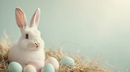 Obraz premium Easter bunny and hope concept. Cute rabbit surrounded by pastel-colored Easter eggs in nest.