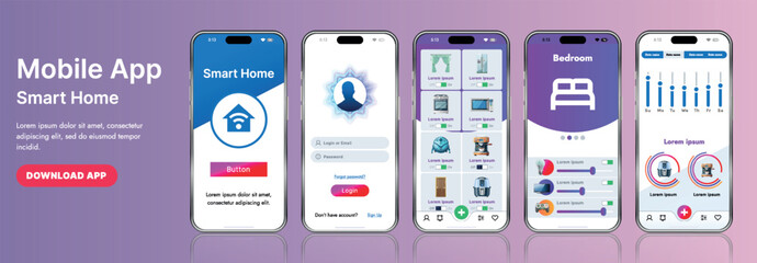 A sleek smart home application interface template featuring modern icons and a gradient design. Includes navigation menus for managing devices, monitoring security, controlling temperature