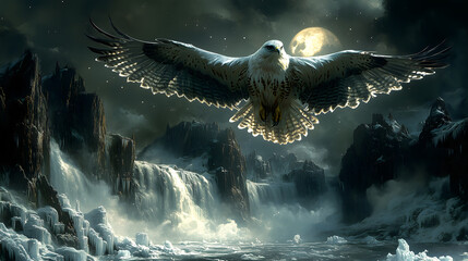 majestic hawk soars above icy waterfall under glowing moon, capturing beauty of nature wilderness. scene evokes sense of tranquility and awe