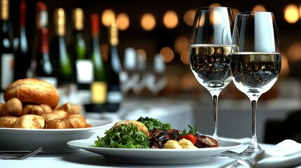 Elegant Dining. Sustainable hospitality Spend With Pennies isfood Non-alcoholic wine Squarespace designer dashpass tablecheck Restaurant365 Cuyna Qerko Two white glasses plated meals and bread in