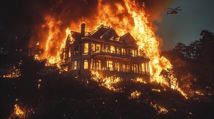 Dramatic Hollywood Hills Wildfire Scene with Burning Mansion