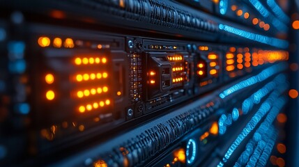 Naklejka premium Illuminated Server Rack Shows Data Center Technology