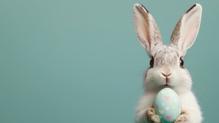 Obraz premium Easter bunny and hope concept. Cute rabbit holding a pastel egg against a teal background.