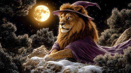 majestic lion dressed as witch, wearing purple robe and hat, rests in snowy landscape under full moon. scene is enchanting and mystical, surrounded by dark trees