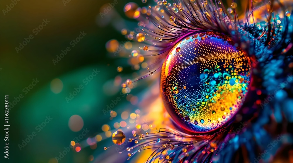 Poster close-up of a vibrant, colorful droplet on a dandelion, capturing its intricate details and the surr