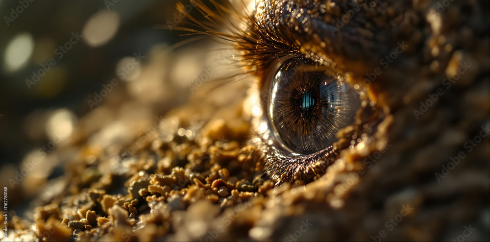 Poster the image is a close-up of an eye, likely belonging to a reptile, with a rough, textured background.