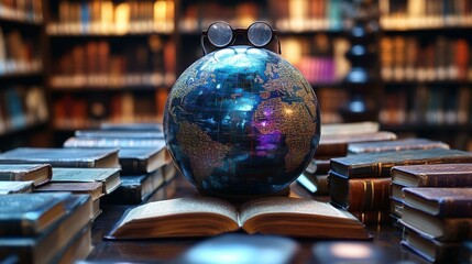World Atlas. Blue globe on open book in vintage library with wooden sh