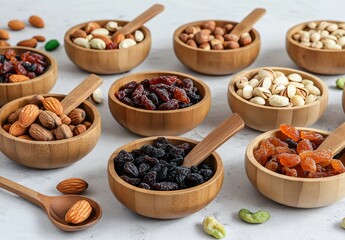 Assorted Nuts and Dried Fruits in Wooden Bowls: Healthy Snack Mix