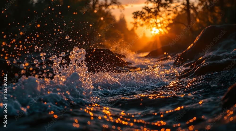 Aufkleber stunning sunset over a river, with the water reflecting the warm, orange hues of the sky. waves and 