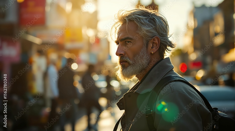 Poster man with a beard standing on a city street during sunset. the sun casts a warm glow, creating a lens