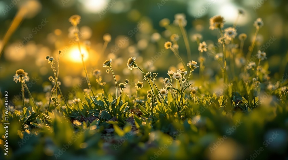 Poster field of dandelions with a soft-focus background, illuminated by a warm, golden light that appears t