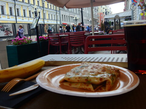 Blini as fast food in a street cafe in Moscow in Russia