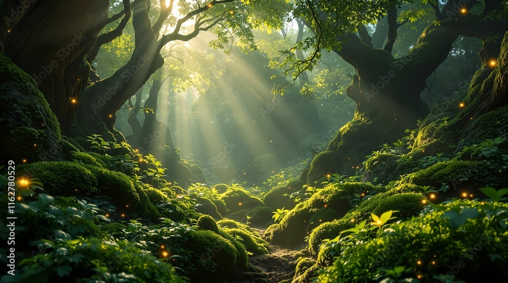 Aufkleber lush, sunlit forest scene with vibrant greenery and a beam of sunlight streaming through the trees, 