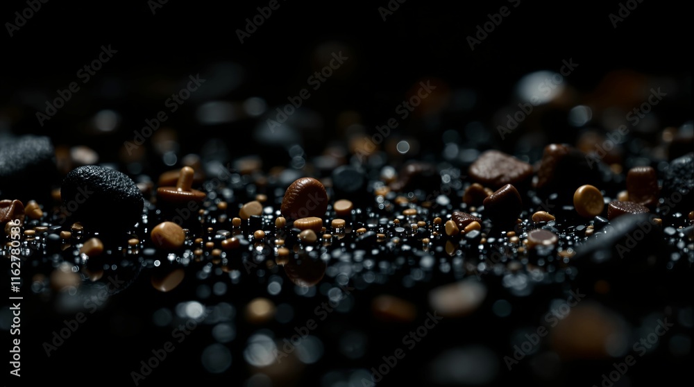 Poster close-up of coffee beans scattered across a dark surface, with some beans appearing to have a glossy
