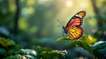 Obraz premium vibrant butterfly with orange and yellow wings perched on a green leaf. The background is blurred, emphasizing the butterfly and creating a bokeh effect with soft green hues.