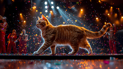 ginger cat walking across brightly lit stage with colorful confetti. vibrant atmosphere enhances playful and lively mood of scene