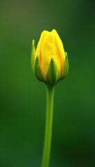 Naklejka premium Small yellow flower bud on a green stem with delicate petals unfolding, buds, nature, growth