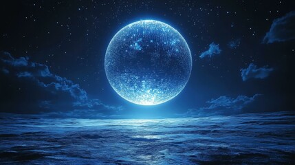 Nightscape Glow. Speculative fiction Levitating moon lamp Space id Sound bath Post Quantum Cryptography Frequency healing Moonpay Thesis supplements Tunetank Novel Blue glowing full over dark ocean w