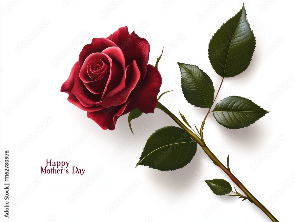 Poster a realistic vector illustration of a red rose with a long stem and green leaves on a white backgroun