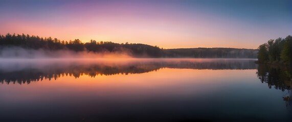 Obraz premium A stunning panoramic view of a serene lake at sunrise where the water reflects the vibrant colors of the sky