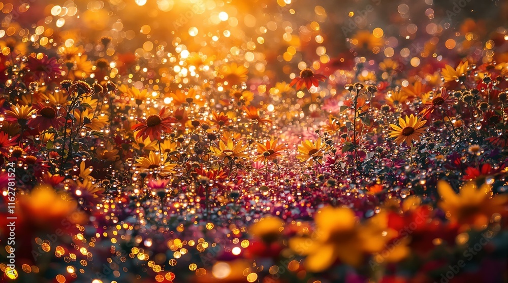 Poster vibrant scene with colorful flowers and a background of blurred lights, creating a bokeh effect. The lights appear to be of various colors, adding a festive or celebratory atmosphere to the scene.
