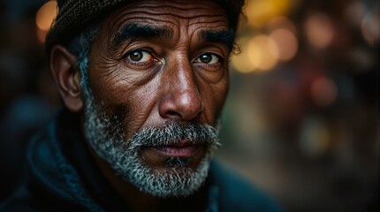 person wearing a hat and glasses, standing in front of a blurred background. The person appears to be in an outdoor setting, possibly a market or gathering.