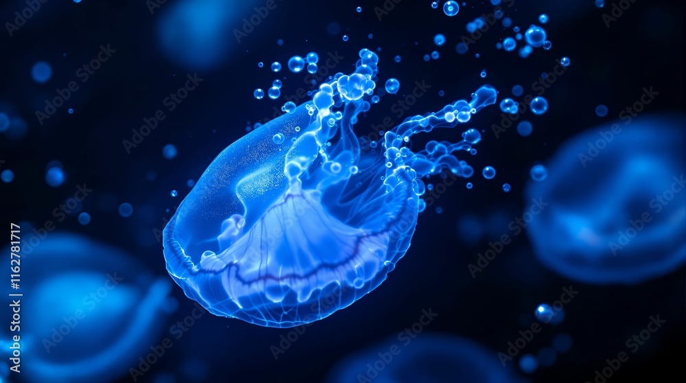 Poster mesmerizing underwater scene with vibrant blue jellyfish floating in the deep blue ocean. the jellyf