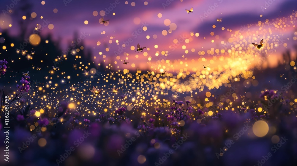 Poster the image shows a beautiful sunset with a field of yellow flowers and a pink sky filled with glowing