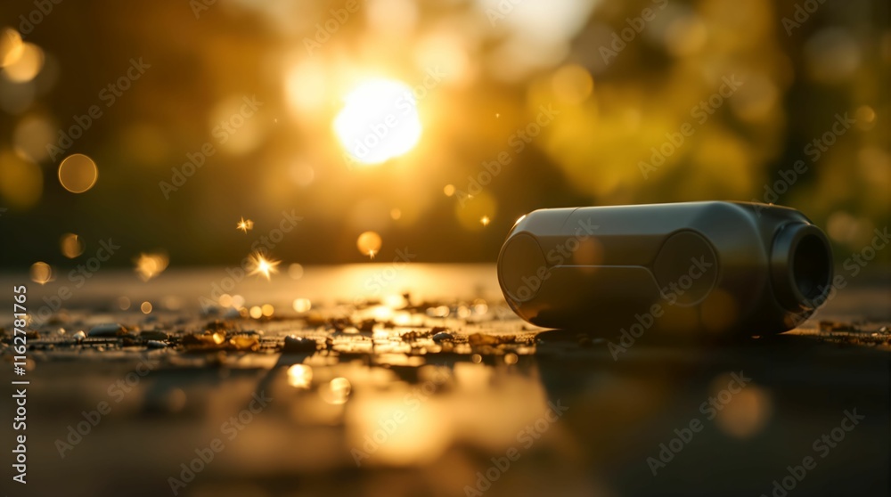 Poster discarded aluminum can lying on the ground against a blurred background of a setting sun, creating a