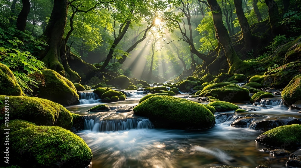 Poster  serene forest scene with a stream flowing through moss-covered rocks, dappled sunlight filtering through the trees, and a peaceful, natural atmosphere.