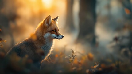 Fototapeta premium fox standing in a forest at sunset, with the warm sunlight casting a soft glow and creating a misty atmosphere. The fox appears to be observing its surroundings, possibly during a moment of rest or c