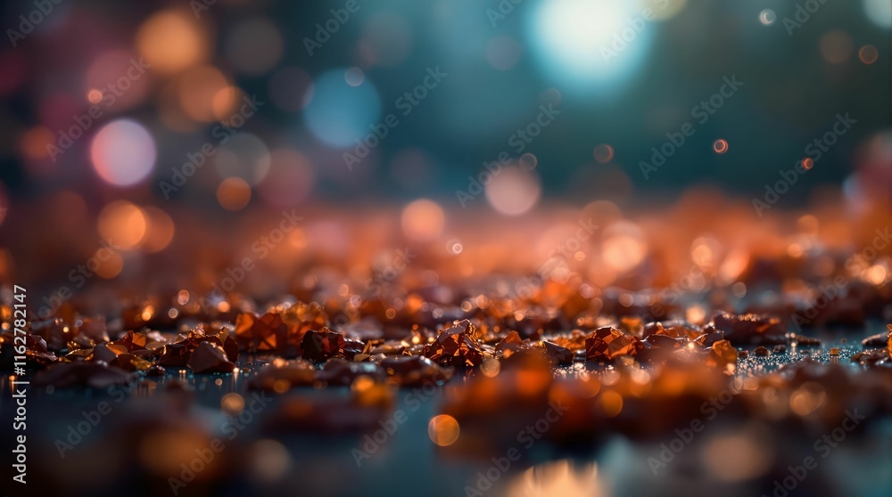 Aufkleber close-up view of a wet, reflective surface with numerous small, glowing particles scattered across it, creating a bokeh effect. The overall scene has a warm and vibrant color palette, with the particl