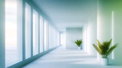 Fototapeta premium Serene Modern Office Corridor: Wide Shot Architectural 3D Render. AI Generated