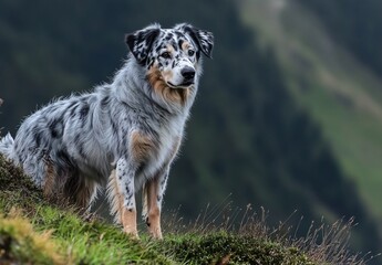 Fototapeta premium Majestic Australian Shepherd Dog on Hilltop, Stunning Mountain View
