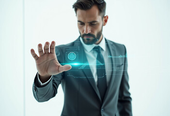 Businessman interacts with a holographic interface displaying data analytics and graphs.