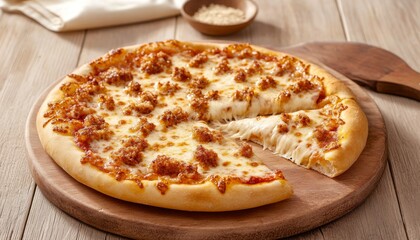 A delicious freshly baked pizza topped with cheese and sausage, served on a wooden board, perfect for sharing or a cozy meal.