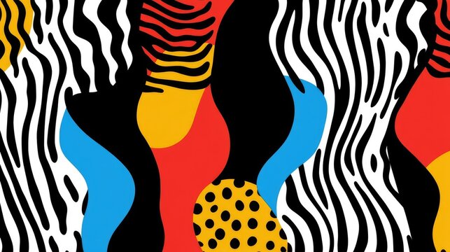 Abstract colorful pattern with zebra stripes and organic shapes.