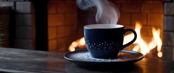 A steaming cup of tea on a ceramic coaster beside a crackling fireplace with delicate snowflakes drifting in the background