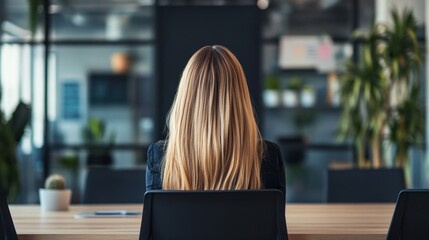 Female employee with sitting in the meeting room seen from behind.
