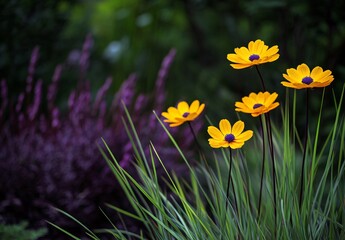 Fototapeta premium Vibrant Yellow Flowers in Lush Green Grass