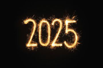  A sparkler building the text "2025"  on a black background